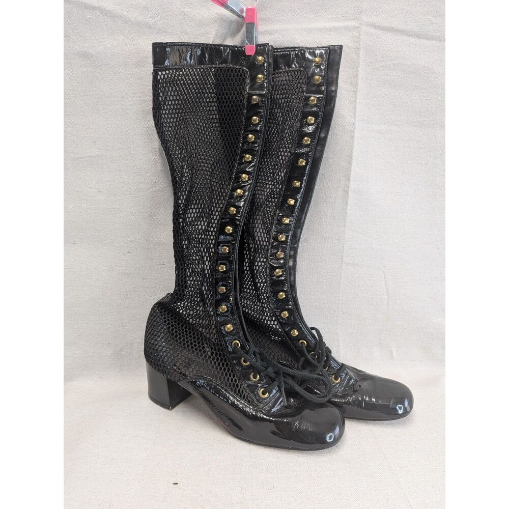Mod Glam Go Go Knee High Boots Black Patent Mesh Studded Lace Up Heels